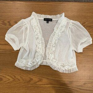 Caroline Morgan lightweight white shrug/bolero with ribbon rosettes, size Small